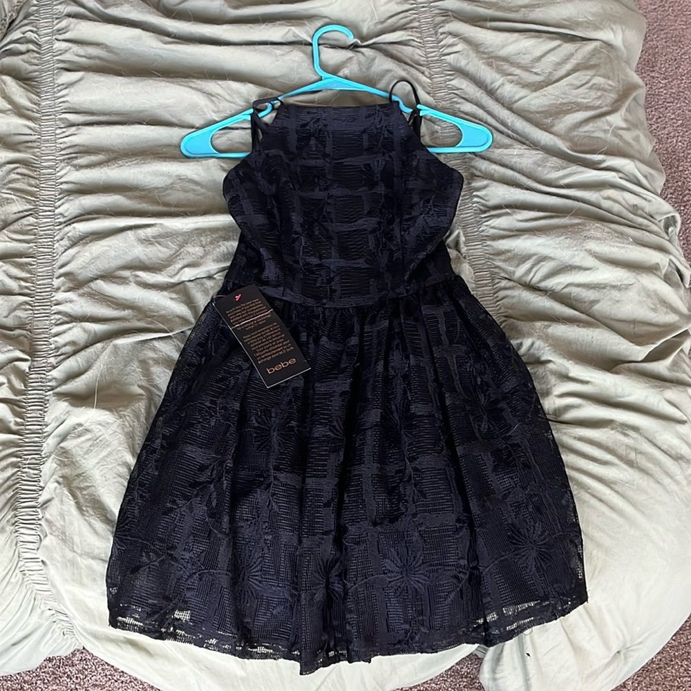 BEBE Embroidered Check Mesh Dress
